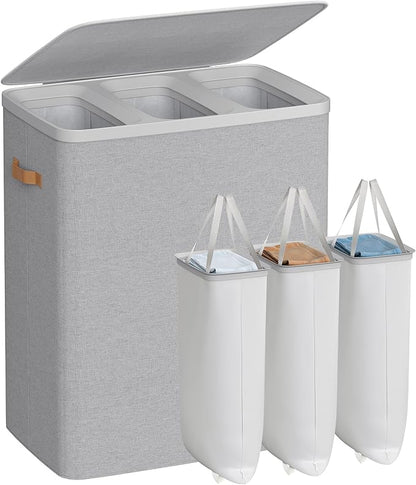 SONGMICS Laundry Basket, 50.2 Gal. Laundry Hamper, 3 Compartments, Easy Assembly, with Lid and Handles, Removable Liners, 25.2 x 15.7 x 29.5 Inches, Dove Gray ULCB814GD01