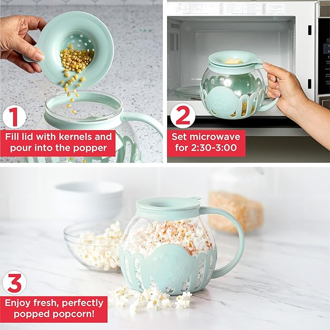 Ecolution Patented Micro-Pop Microwave Popcorn Popper with Temperature Safe Glass, 3-in-1 Lid Measures Kernels and Melts Butter, Made Without BPA, Dishwasher Safe, 1.5-Quart, Aqua (Pack of 4)