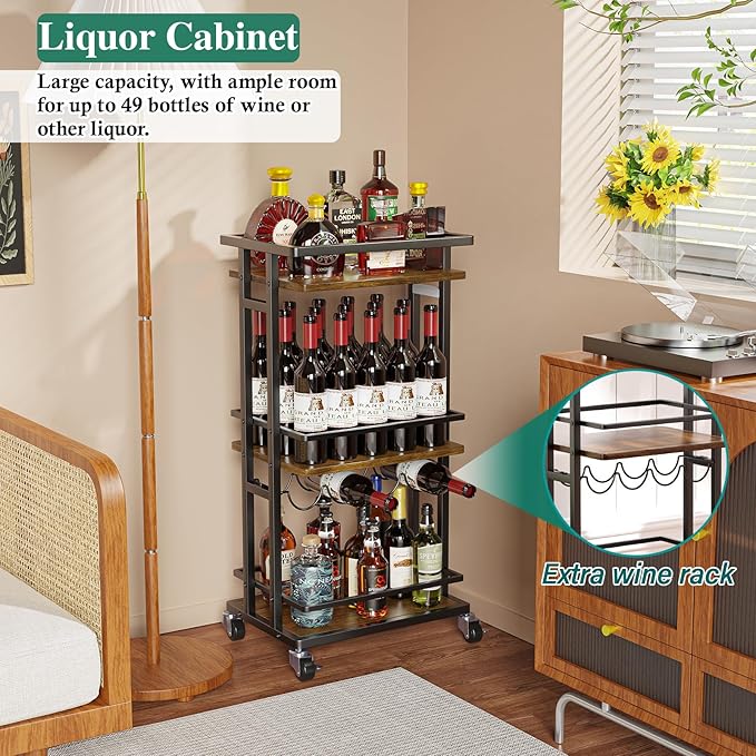 3-Tier Liquor Cabinet with Wine Rack, Mini Bar Cart for Home, Small Liquor Bar for Alcohol, Rolling Kitchen Serving Cart on Wheels, Wine Drink Cart for Party, Bar Stand for Small Space
