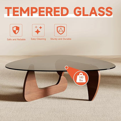 Modern Coffee Table for Living Room and Small Spaces, 35.6" x 25.4" x 15.8" Triangle Tempered Glass Table Top and Solid Wood Base, Walnut