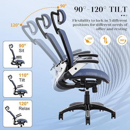 GABRYLLY Ergonomic Office Chair, High Back Mesh Desk Chair with Adjustable Headrest, Flip-Up Arms, 90-120° Tilt Lock, Lumbar Support and Comfy Seat, Swivel Computer Task Chair, Blue