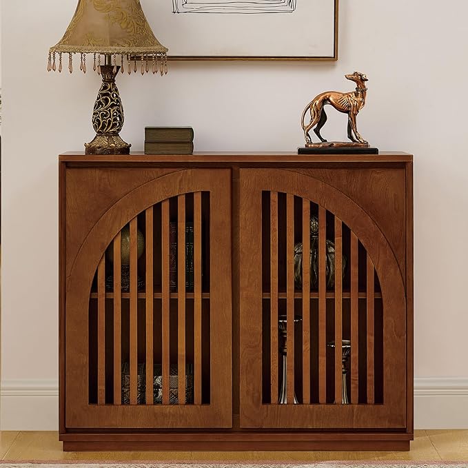 LKTART Arch Doors Sideboard Buffet Storage Cabinet,Mid Century Modern Storage Cabinet with Shelves,Wood Coffee Bar for Living Room, Kitchen, Hallway-Brown