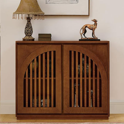 LKTART Arch Doors Sideboard Buffet Storage Cabinet,Mid Century Modern Storage Cabinet with Shelves,Wood Coffee Bar for Living Room, Kitchen, Hallway-Brown