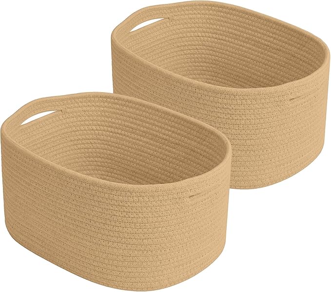 Cotton Rope Storage Basket, 15x10x9 Inches, Woven Basket for Shelves, Clothes, Towels, Books, and Laundry, Jute Brown (2 Pack)