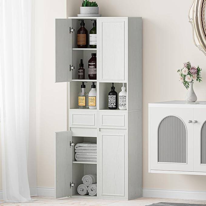 Tall Bathroom Storage Cabinet, Wall Mounted or Floor Mounted,Narrow Slim Wall Cabinet with 2 Door, 1 Drawer, Open Shelf for Living Room, 11.81" D x 11.81" W x 65" H (Line White, 1 PCS)
