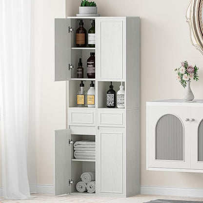 Tall Bathroom Storage Cabinet, Wall Mounted or Floor Mounted,Narrow Slim Wall Cabinet with 2 Door, 1 Drawer, Open Shelf for Living Room, 11.81" D x 11.81" W x 65" H (Line White, 1 PCS)
