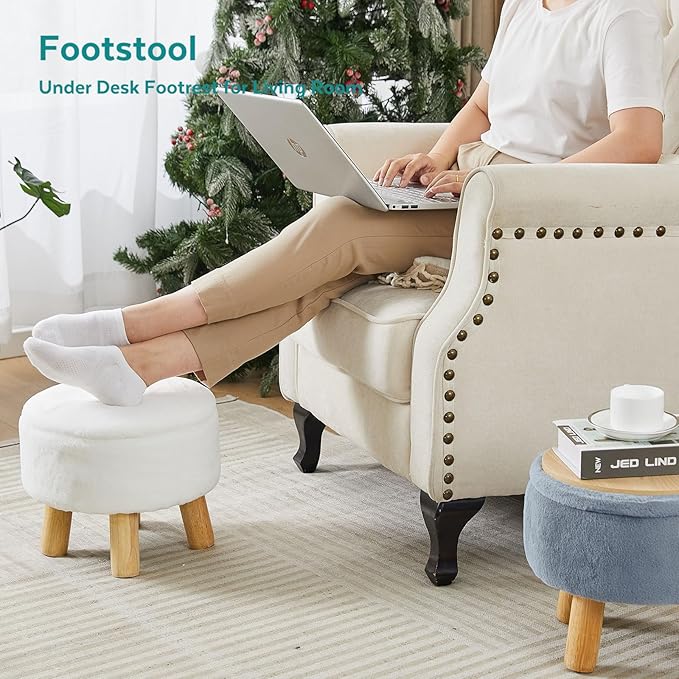 Small Foot Stool Ottoman with Storage, Soft Faux Fur Ottoman Foot Rest for Couch, Round Footstool with Storage, Small Ottomans and Footstools for Living Room and Entryway (Gray)