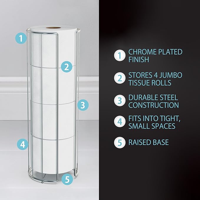 Better Living Stream Toilet Tissue Reserve, Freestanding Bathroom Storage Stand Holds for 4 Jumbo Rolls, No Assembly Required, Chrome