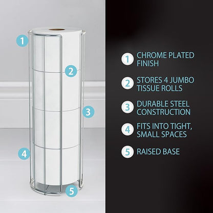 Better Living Stream Toilet Tissue Reserve, Freestanding Bathroom Storage Stand Holds for 4 Jumbo Rolls, No Assembly Required, Chrome