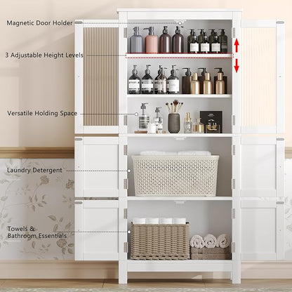 Akxomel 53.1" H Tall Bathroom Storage Cabinet, Bathroom Floor Cabinet with 6 Doors and Adjustable Shlef, Linen Cabinet, Pantry Cabinet for Living Room, Kitchen, Entryway, White