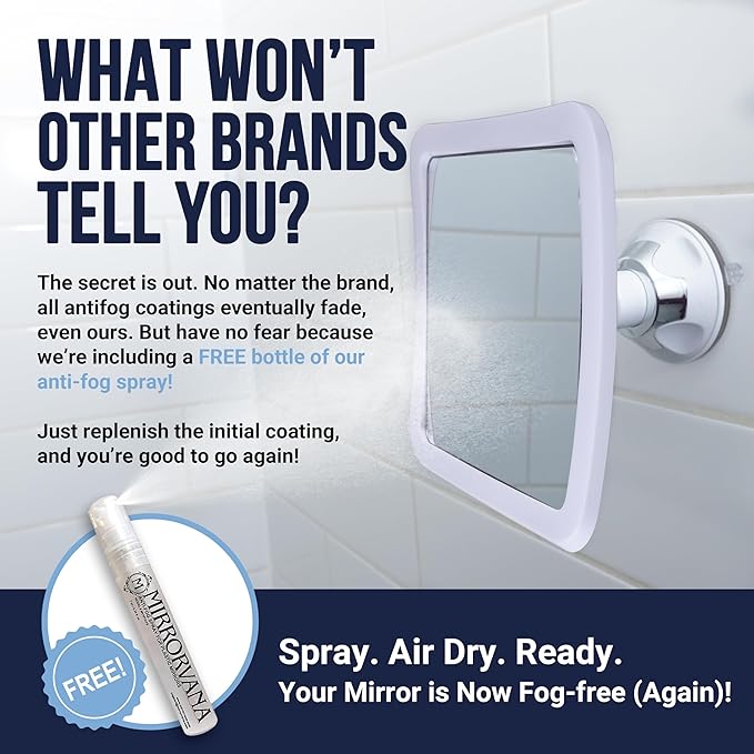 MIRRORVANA Fogless Shower Mirror with 360° Suction Cup - Anti Fog & Mist Free Shatterproof Shaving Mirror for Bathroom - 16cm x 16cm (Pure White)