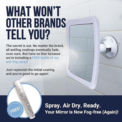 MIRRORVANA Fogless Shower Mirror with 360° Suction Cup - Anti Fog & Mist Free Shatterproof Shaving Mirror for Bathroom - 16cm x 16cm (Pure White)