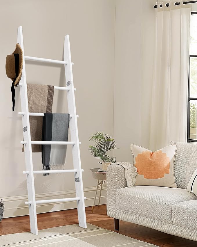 TEAKMAMA 6-Tier Blanket Ladder with Hanging Knobs,5.5 Ft Wall Leaning Blanket Ladders for Living Room Bedroom,Rustic Decorative Storage for Quilts,Throws,Easy to Assemble,White