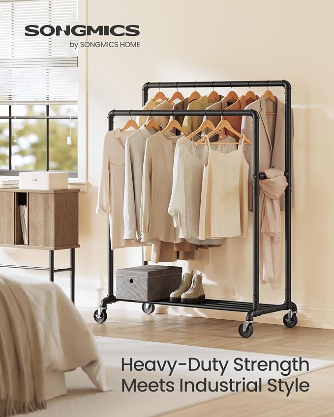 SONGMICS Heavy-Duty Clothes Rack, Double-Rod Clothing Rack for Hanging Clothes, Industrial Garment Rack on Wheels, Metal Frame, 2 Casters with Brakes, Commercial Display, Black UHSR60B