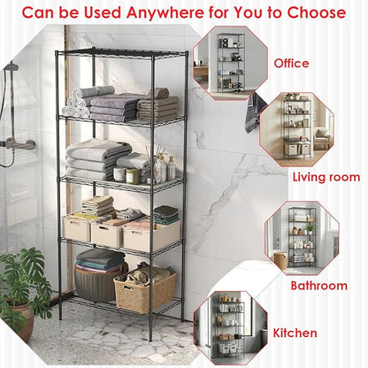 BestOffice | 5-Tier Wire Storage Shelves | 14 x 24 x 60 | Black | with Adjustable Racks | Metal Shelf, Holds Upto 500 lbs | No-Tool Assembly | Ideal for Home & Garage Shelving