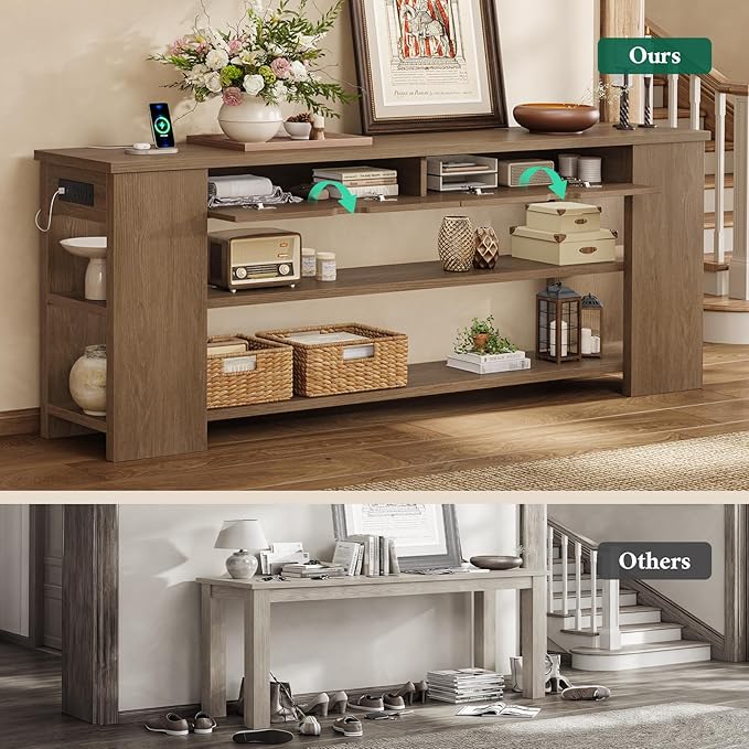 71.8" Extra Long Console Table, Farmhouse Sofa Table with Generous Storage and Built-in Outlet, Sturdy Entryway Table for Living Room, Entrance, Hallway, Foyer, Brown