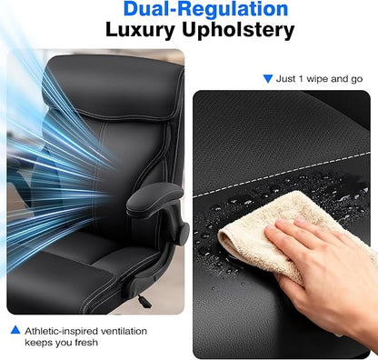 Office Chair - Executive High Back Breathable Comfy Desk Chair with Lumbar Support - Ergonomic Leather Rolling Swivel Computer Chair with Rock Function for Working Studying Gaming Relaxing