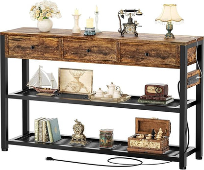 Ecoprsio 47'' Entryway Table with Outlets and USB Ports, Console Table with 3 Drawers, Sofa Table Narrow Long with Storage Shelves for Living Room, Couch, Hallway, Foyer, Kitchen Counter, Rustic Brown