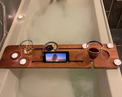 Handmade Wooden Bathtub Tray - 3 Different Size Options - Rustic Structure - Water Insulator - Bath Tray Caddy with Wine Glass Holder (28", NATURAL MAHOGANY)