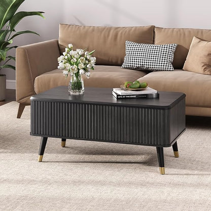 Lift Top Coffee Table with Storage, Modern Coffee Table with Solid Wood Legs, 38" Minimalist Fluted Center Table for Living Room, Home Office, Black