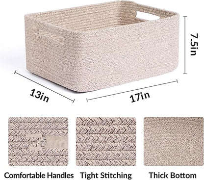 MiniArk Large Storage Baskets for Shelves, Closet Organizers Bins for Clothes Blanket Towels, Baby Nursery, Toy Baskets Box, Woven Rope Baskets, 17 x 13 x 7.5”, 3 Packs Mixed Brown
