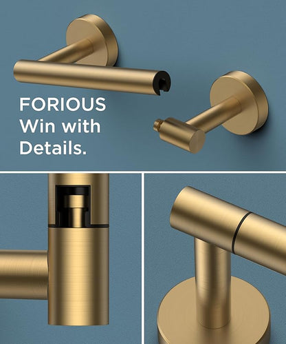 FORIOUS Toilet Paper Holder Wall Mount, Stainless Steel Rustproof Double Post Pivoting Tissue Roll Holder for Bathroom, Commercial Toilet Paper Dispenser, Brushed Gold