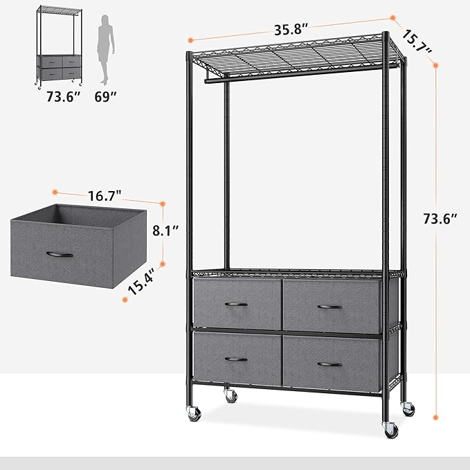 Raybee Rolling Clothes Rack for Hanging Clothes, Clothing Rack with 4 Fabric Drawers and Wheels, Portable,Adjustable,Sturdy,Black