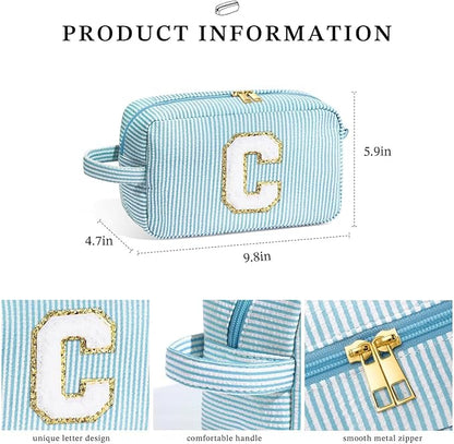 YOOLIFE Initial Cosmetic Bag for Women - Monogram Cute Makeup Bag Cosmetic Case Toiletry Pouch for Women Her Best Friend Sister Teacher, Personalized Birthday Gifts for Women, Light Blue I