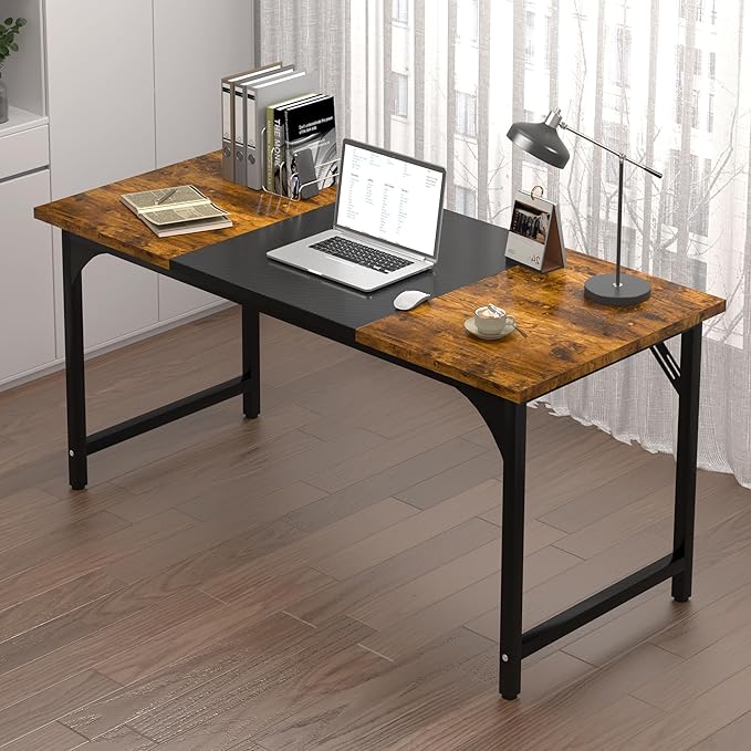 AZN Computer Desk, 47in Computer Desk, Gaming Office Desk w/Carbon Fiber Tabletop, Gaming Office Desk w/Sturdy Metal Frame, Home Office Desks w/Large Legroom for Game Work Study Writing,RusticBrown