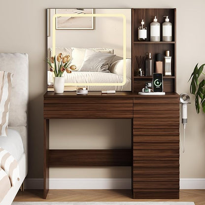 Makeup Vanity Desk with Lights, Fluted Vanity with 4 Drawers, Open Shelves, Power Outlet, LED Lighted Mirror, 3 Lighting Modes & Brightness Adjustable, Wood Dressing Table for Bedroom, Walnut