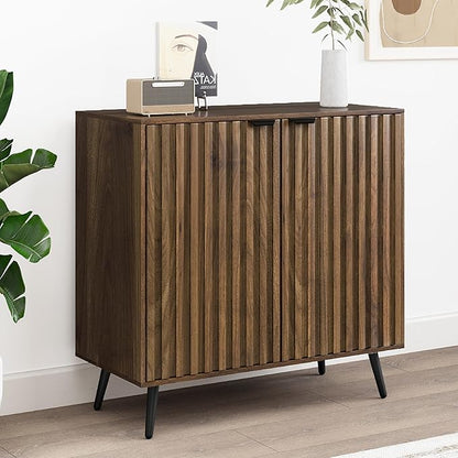 Smuxee Fluted Sideboard Cabinet, Freestanding Walnut Buffet Cabinet with Adjustable Shelf, Wood Storage Cabinet for Living Room, Entryway, Hallway