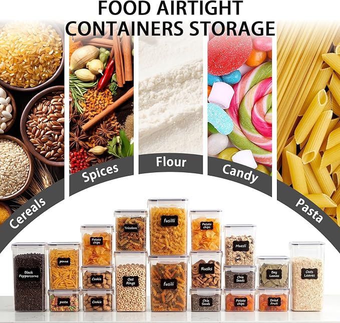7 PCS Airtight Food Storage Containers with Lids, BPA Free Clear Plastic Kitchen and Pantry Organization and Storage Set for Flour, Sugar, Cereal, Pasta, Includes 7 Labels and Marker