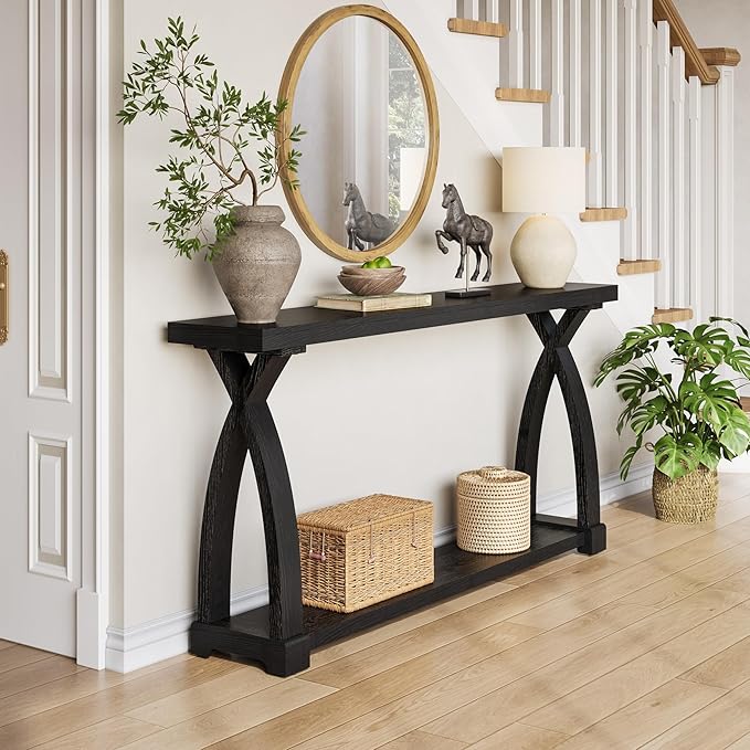 Solid Wood Console Table for Entryway, 63-Inch Narrow Farmhouse Couch Table Behind Sofa with 2-Tier Storage for Entrance, Foyer, Living Room, Long, Black (Black)