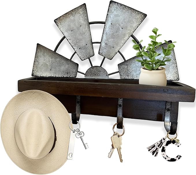 Windmill Key Holder Wall Mount, Decorative Wall Mounted Key and Mail Rack with Shelf, Farmhouse Wall Decor, 4 Rustic Key Hooks for Coats & Keys, Brown Key Holder