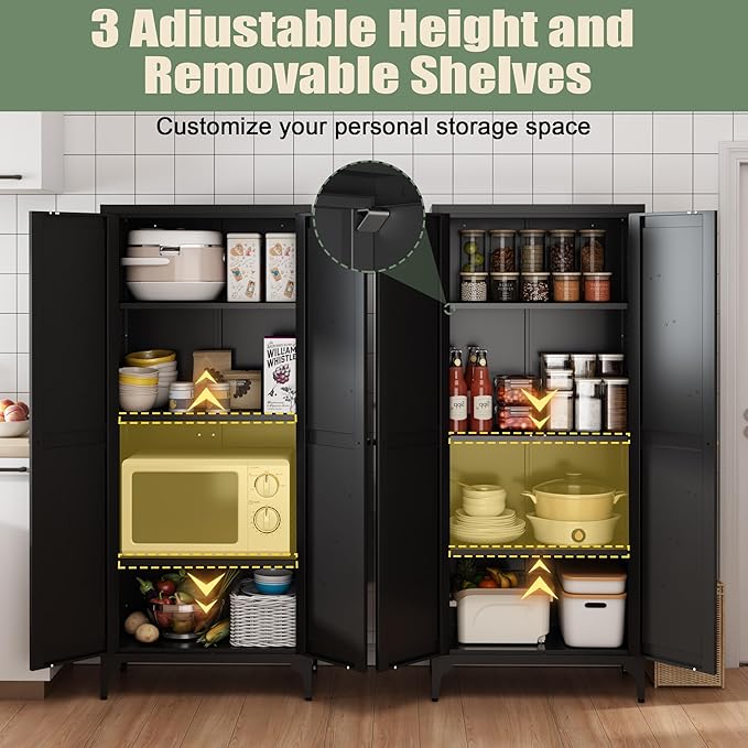 65"Tall Kitchen Pantry Storage Cabinet,Black Metal Storage Cabinets with Doors and Adjustable Shelves,5 Tier Freestanding Kitchen Cupboard for Dining Room Office Bathroom (Black, 65"H x 13"D x 27"W)