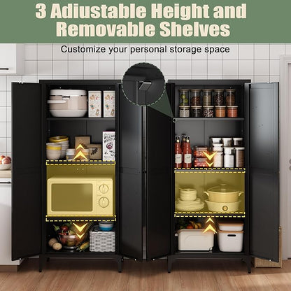 65"Tall Kitchen Pantry Storage Cabinet,Black Metal Storage Cabinets with Doors and Adjustable Shelves,5 Tier Freestanding Kitchen Cupboard for Dining Room Office Bathroom (Black, 65"H x 13"D x 27"W)