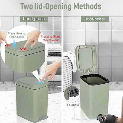 rejomiik Small Bathroom Trash Can with Lid Slim Soft Close Garbage Can Step Wastebasket Container Trash Bin for Office Bedroom Kitchen Living Room (1.9 Gallon Light Green)
