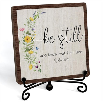 Inspirational Christian Desk Decor, Be Still And Know That I Am God Rutsic Sign, Desk Decorations For Office Home Living Room Bathroom, Eucalyptus Shelf Decor, Wooden Plaque With Stand (04)