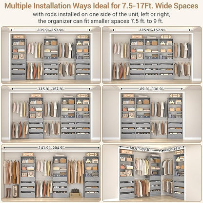 Aheaplus Closet System with 12 Drawers, 8.5-11.5Ft Wood Closet Organizer System with 4 Hanging Rods & 3 Towers, 4Ft & 6Ft L-Shaped Walk-in Closets Wardrobe Organizer Clothes Rack, Set of 3, Grey1