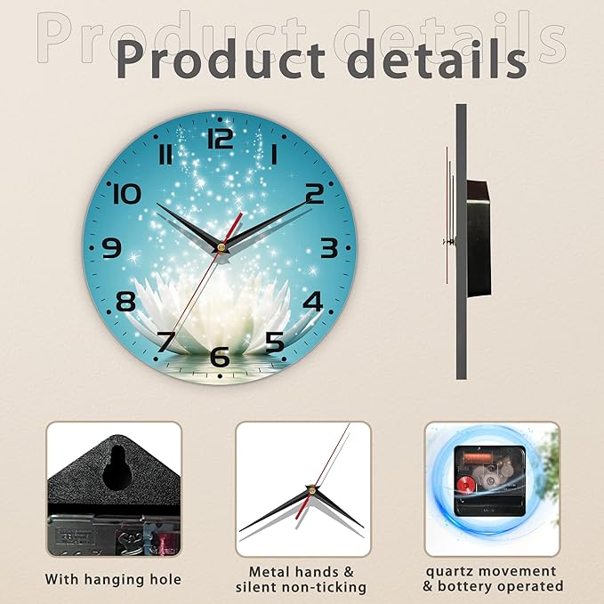 Magic Lotus Flower Vintage Wooden Silent Non-Ticking Battery Operated Arabic Numerals Wall Clock - Decorative for Kitchen, Office, Classroom - 10 Inch