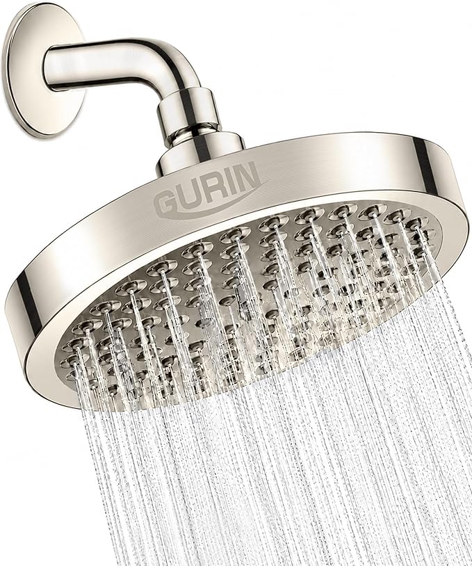 GURIN Shower Head - Powerful High Pressure Rain Shower Head 6 Inch - Luxury Rainfall Showerhead with Adjustable Angles, 90 Anti-Clog Nozzles, Tool-Free 1-Min Install, Premium Brushed Nickel Finish