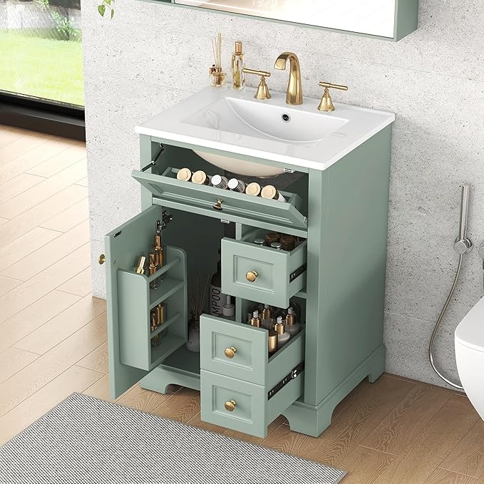 24'' Bathroom Vanity with Sink, MDF & Pinewood Construction, 3 Drawers & Cabinet with 2-Tier Door Storage Rack, Soft-Close Door & Drawers, Modern Design for Small to Medium Bathrooms, Green