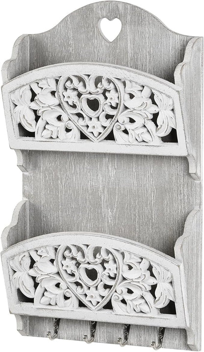 Mail Organizer with Key Holder,2-Slot Mail Holder with 4 Key Hooks for Wall Decorative, Wooden Hanging Organizer for File Letter in Shelf Home Farmhouse Decor for Entryway Office