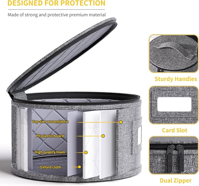 YearningHome China Storage Containers,4 Piece Set,Hard Shell Moving Boxes for Dishes,Plate,Dinnerware,Saucers Quilted Organizer Dividers for Packing Fine China Storage Containers,Grey