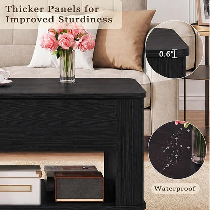 HUAHUU 41.3" Lift Top Coffee Table, Modern Coffee Table with Storage, Fluted Coffee Tables with Lift Tabletop, Hidden Storage Compartment & Lower Shelf for Living Room, Home Office, Black