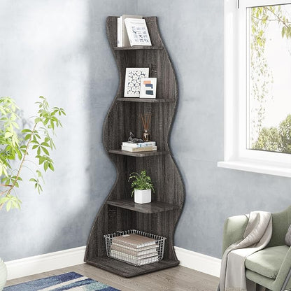 Tribesigns Corner Shelf, Modern 5-Tier Wall Corner Bookshelf, Stylish Corner Small Bookcase Storage Rack Plant Stand with Unique Shape for Living Room, Home Office(Gray, 2PCS)