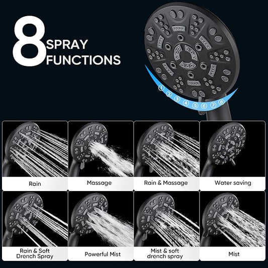 Cobbe 8-Setting Handheld Shower Head Bathroom Showerhead Set - Detachable Shower Heads with 5ft Stainless Steel Hose and Brass Swivel Bracket (Matte Black)