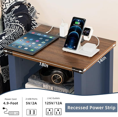 Night Stand Set of 2, 18 Inch Farmhouse Nightstand with with Charging Station and USB Port, Rustic Couch End Table with Magnetic Door, Wood Bed Side Tables for Bedroom, Home, Navy Blue