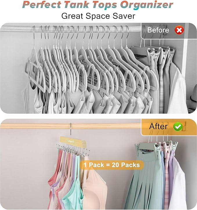 Gomyrod Bra Hanger for Closet, Tank Top Hanger w/20 Hooks Capacity Foldable Wood Space Saving Hangers, 360°Rotating Closet Organizers and Storage for Dorm & Apartment for Bra Scarf Ties(1 Pack)