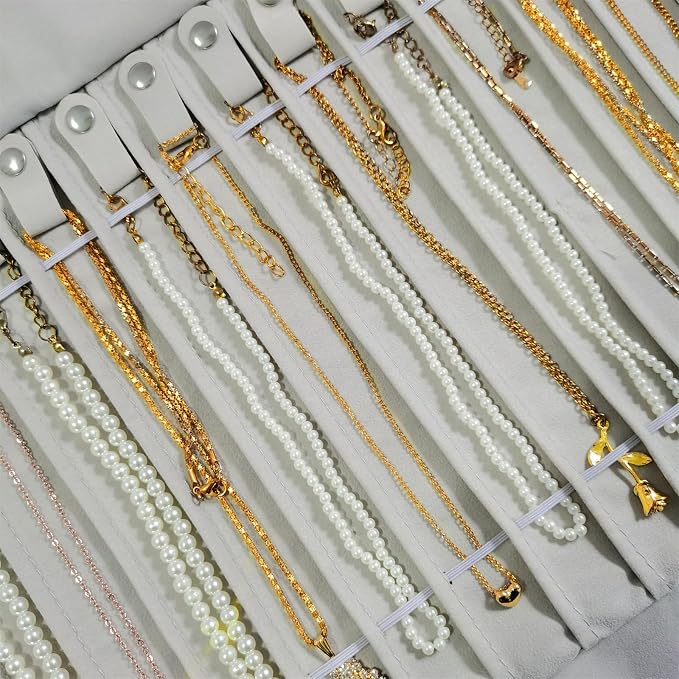 Portable Jewelry Roll Untangled Secure Necklace Travel Storage Bag Displays Holder 16 Chain (Beige)